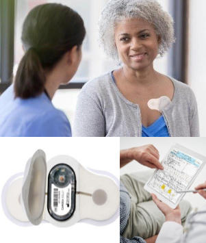 Picture of a female nurse talking to a female patient who is wearing the   Cardea SOLO disposable wearable ECG sensor.